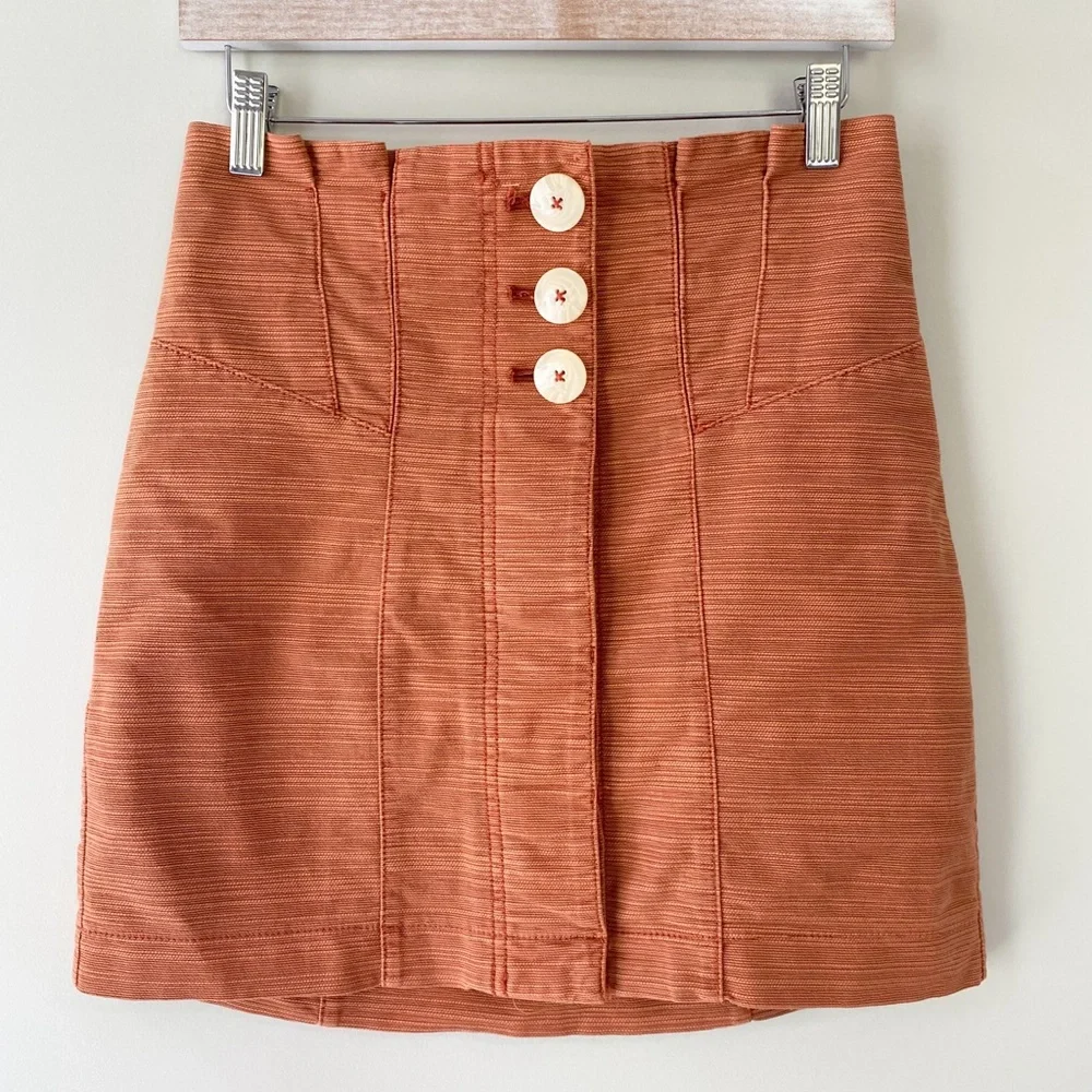 Free People‎ Every Minute Every Hour Mini Skirt 4 Orange Button Western Cotton